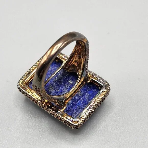 Lapiz Lazuli Rectangle Cocktail Ring RI China 925 Size 8 Sterling Silver - Picture 6 of 12
